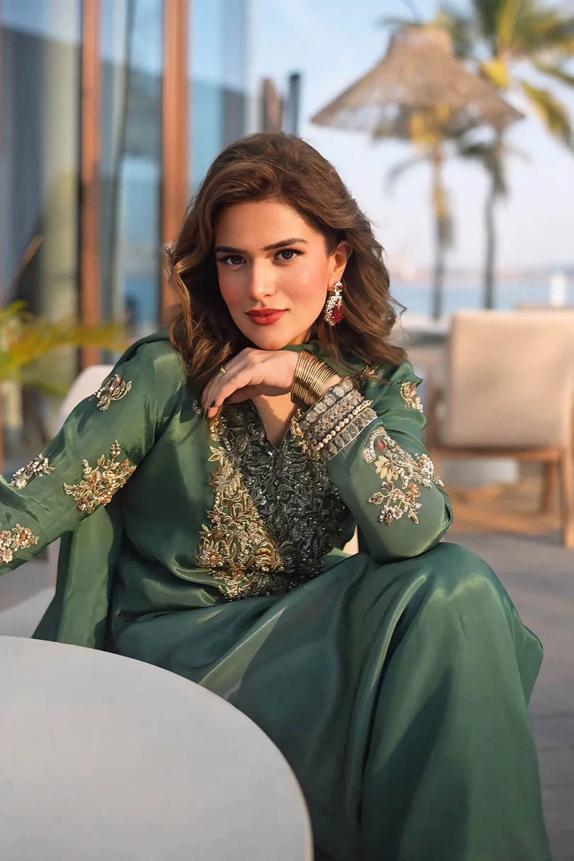 Emran Kashif | 3 Piece Unstitched Embroidered Tussle Silk Suite | Jade Empress