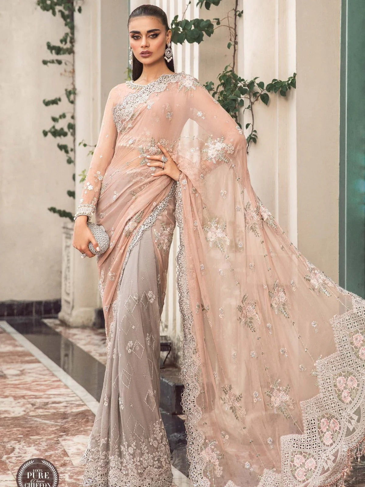 Maria B. | Unstitched Chiffon Embroidered Saree Peach And Grey | MPC-23-105