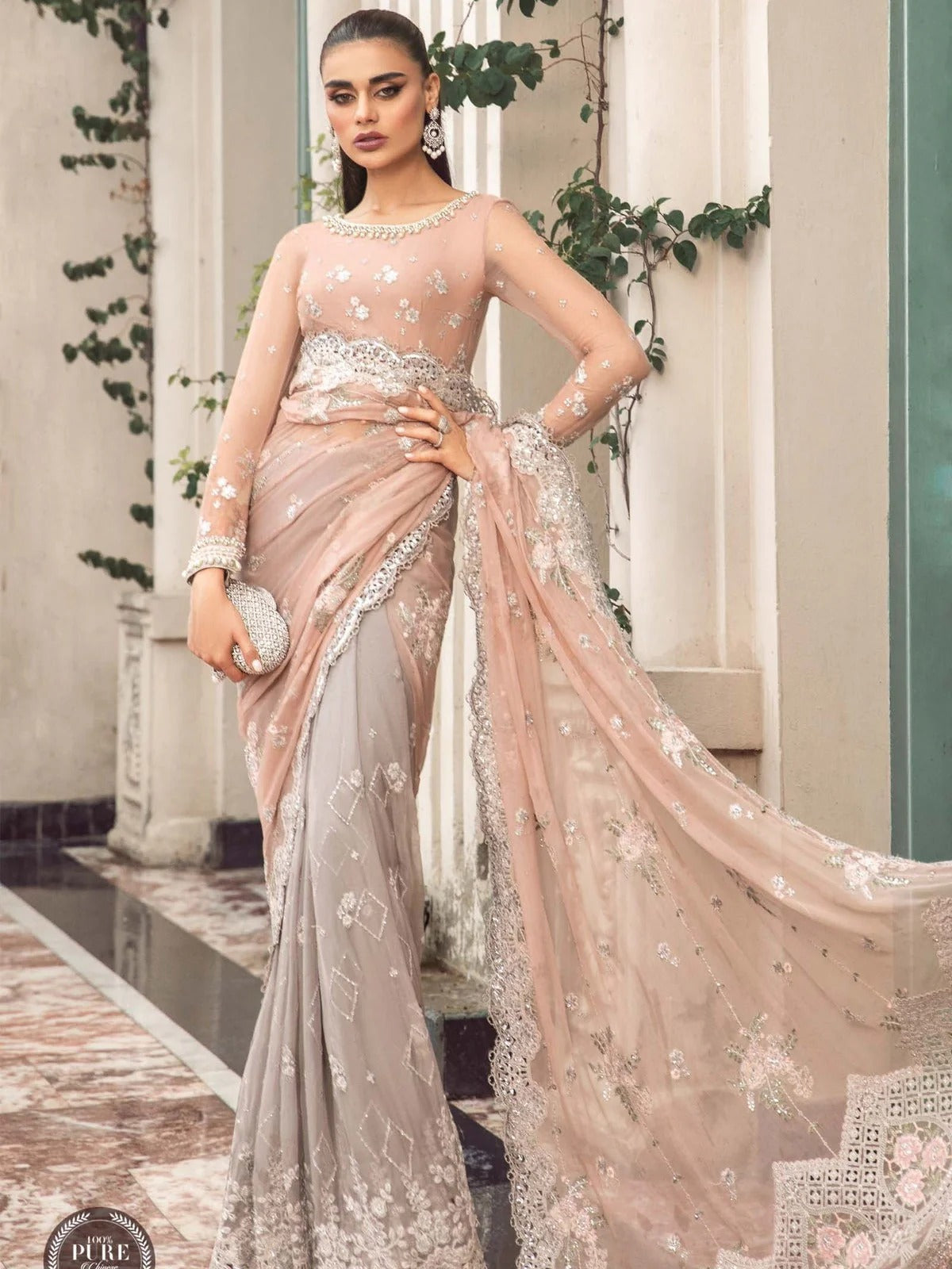 Maria B. | Unstitched Chiffon Embroidered Saree Peach And Grey | MPC-23-105