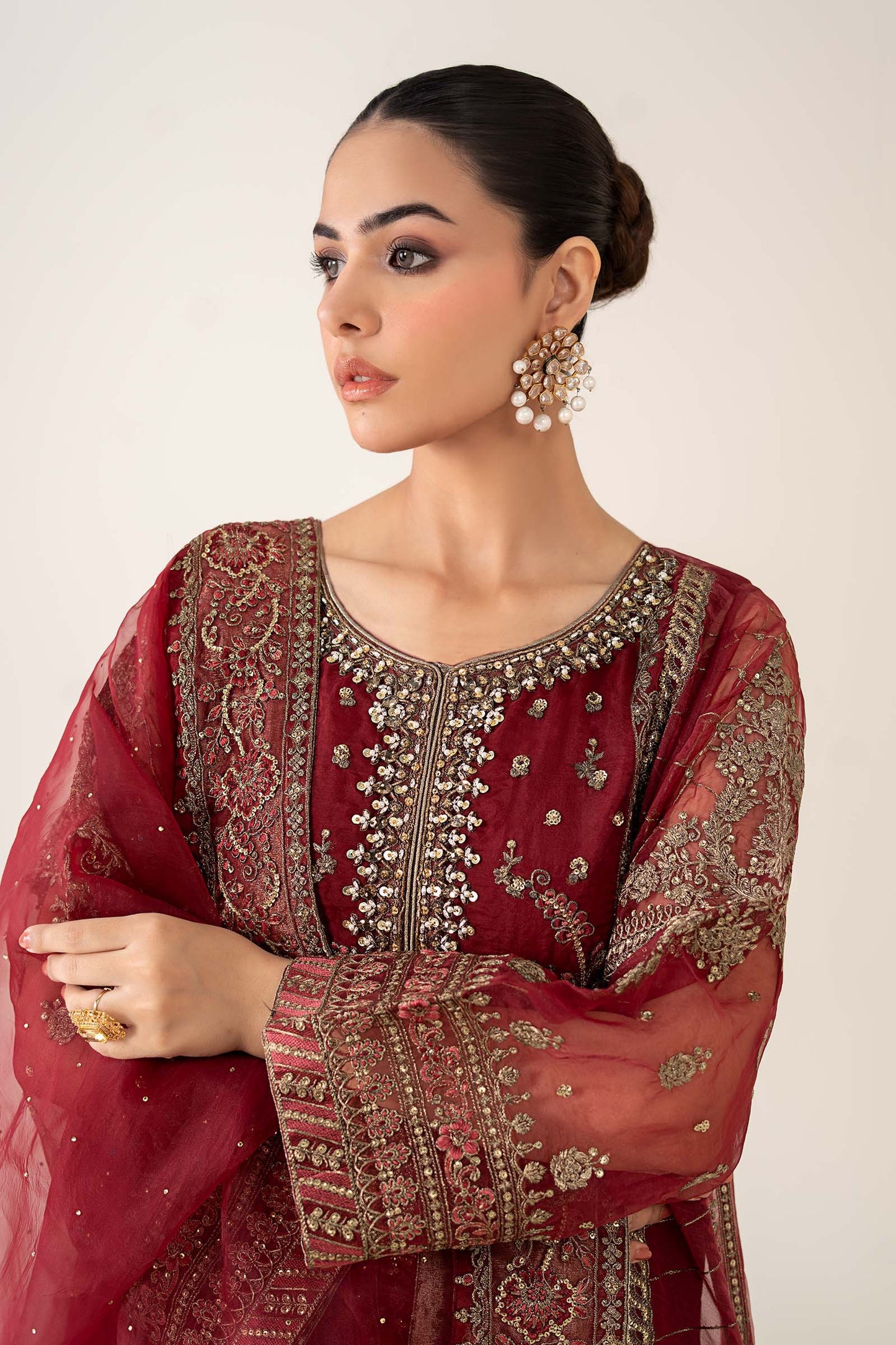 Maria B. | 3 Piece Unstitched Embroidered Organza | SF-PF25-08-Maroon