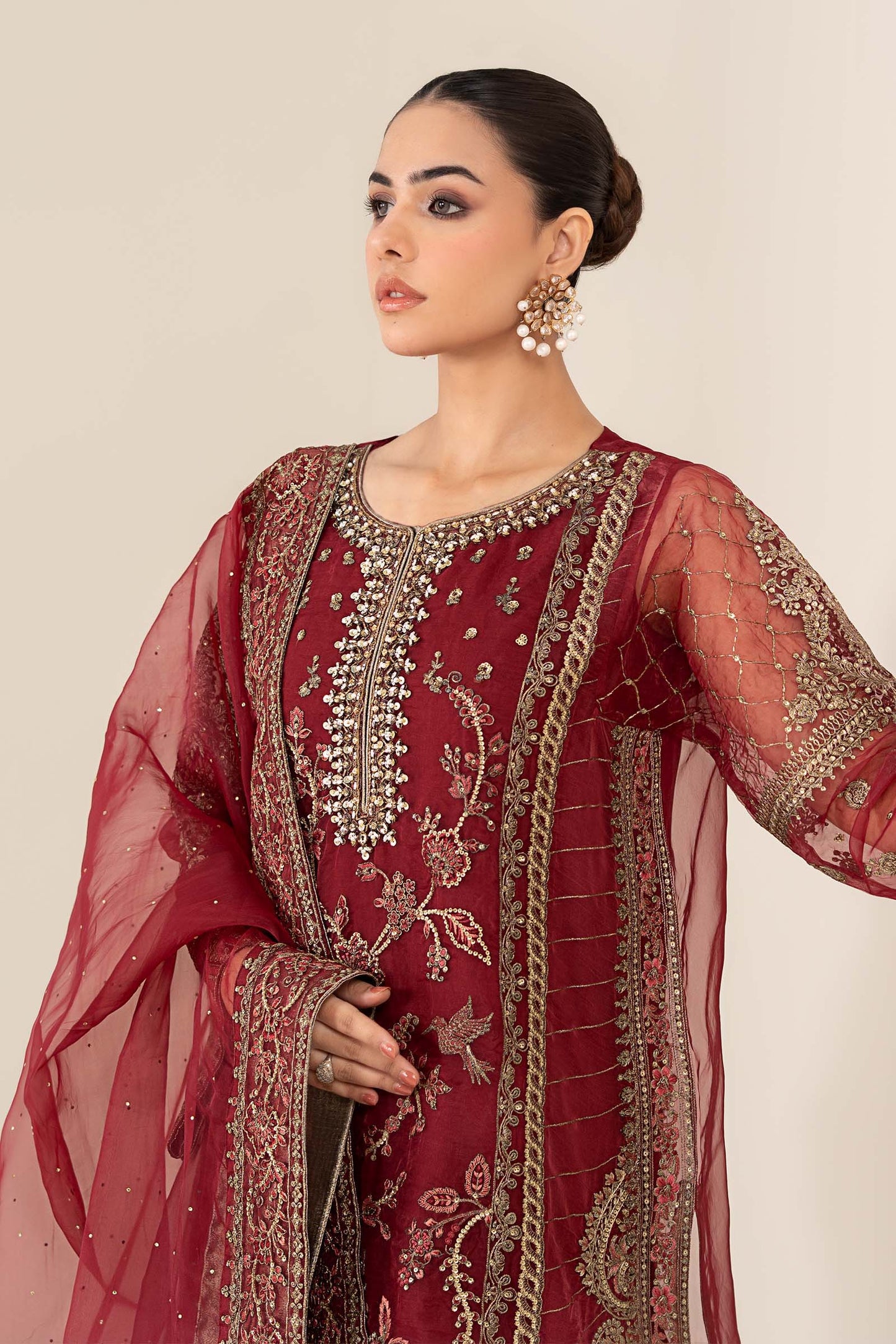 Maria B. | 3 Piece Unstitched Embroidered Organza | SF-PF25-08-Maroon