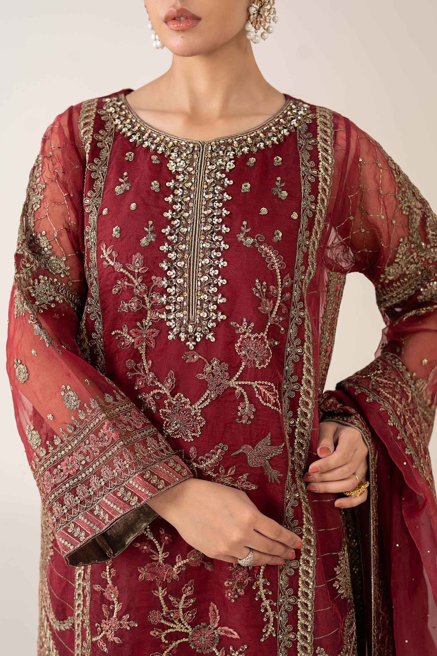 Maria B. | 3 Piece Unstitched Embroidered Organza | SF-PF25-08-Maroon