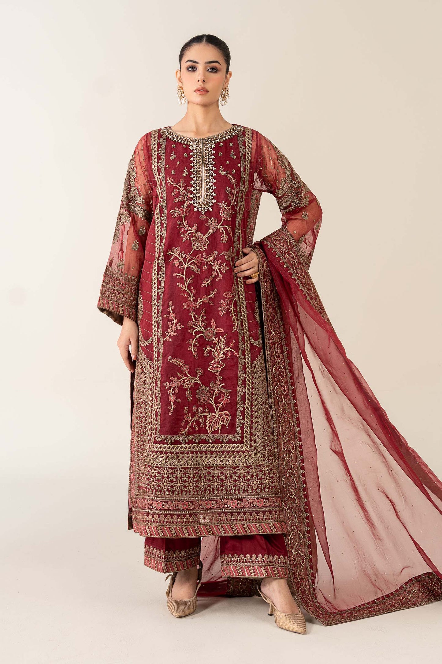 Maria B. | 3 Piece Unstitched Embroidered Organza | SF-PF25-08-Maroon