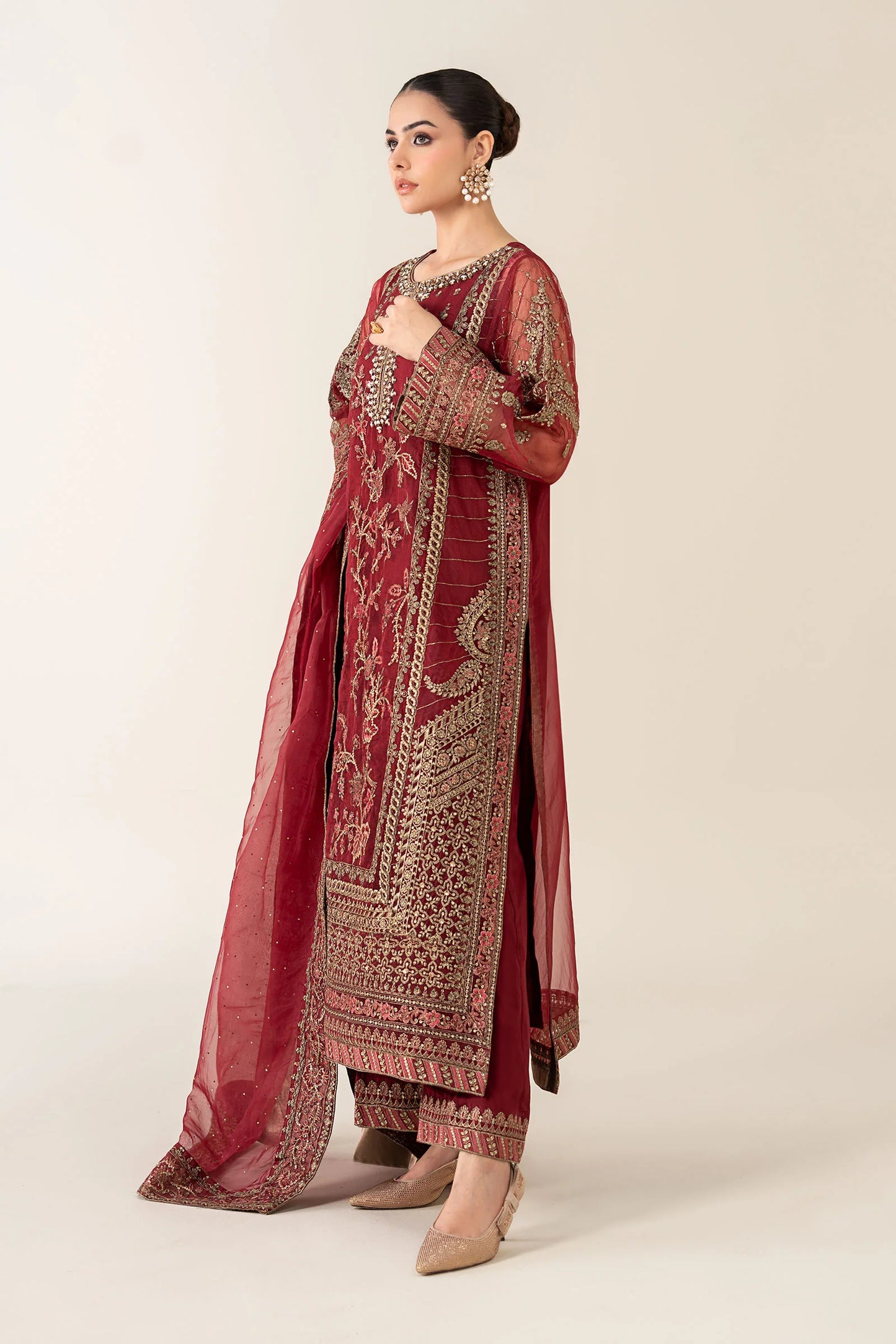 Maria B. | 3 Piece Unstitched Embroidered Organza | SF-PF25-08-Maroon