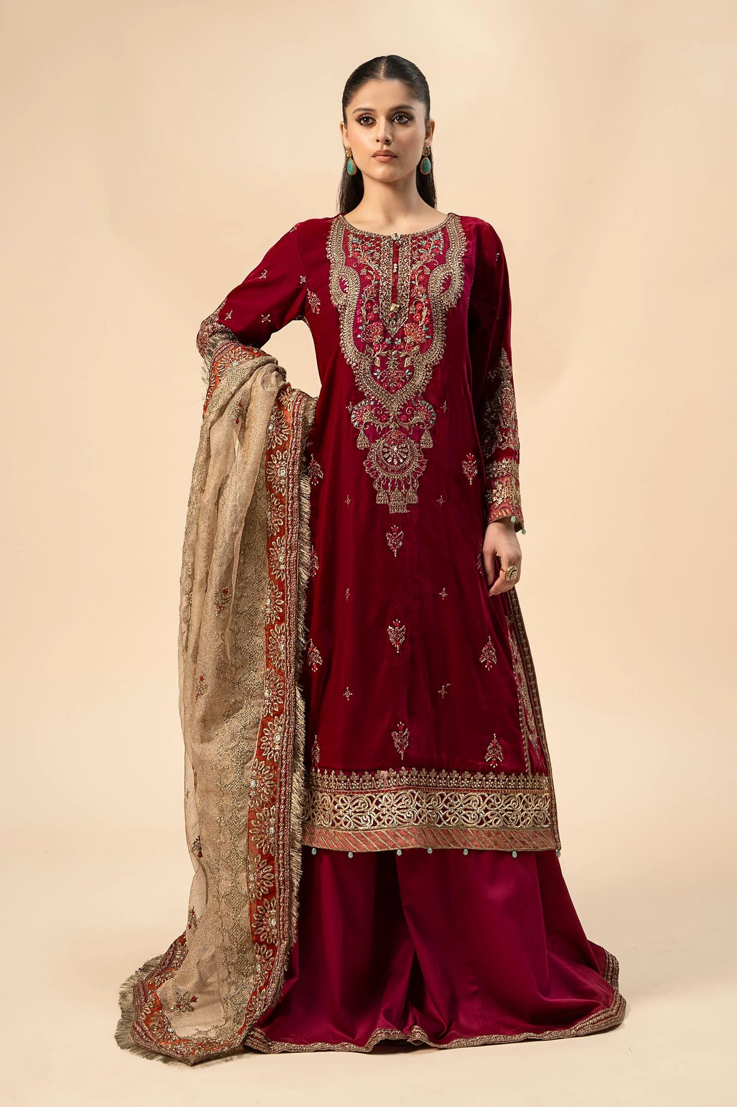 Maria B. | 3 Piece Embroidered Velvet Suit | SF-W24-29-Pink-Ex