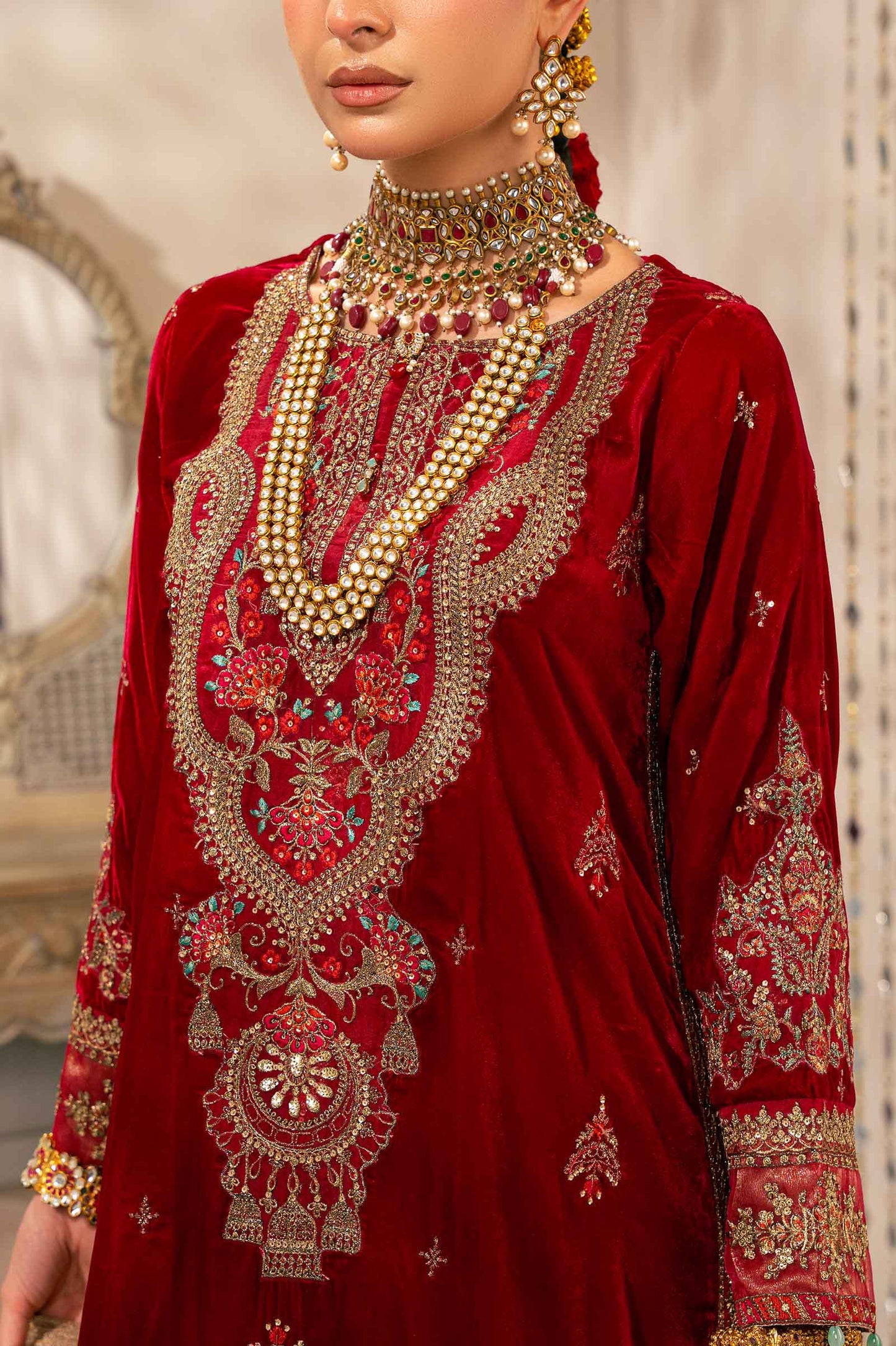 Maria B. | 3 Piece Embroidered Velvet Suit | SF-W24-29-Pink-Ex