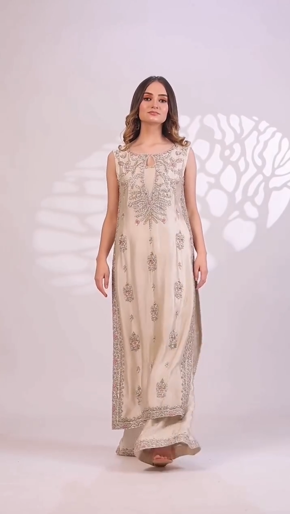 Haris Ansari | 3 Piece Unstitched Embroidered Tussle Silk | Ivory Bloom