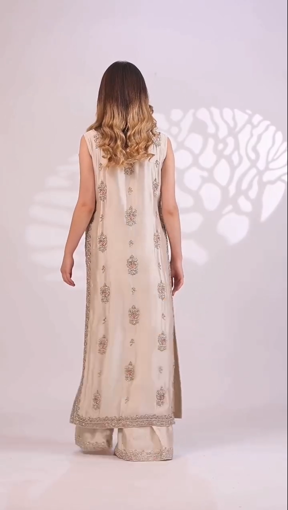 Haris Ansari | 3 Piece Unstitched Embroidered Tussle Silk | Ivory Bloom