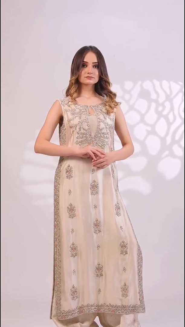 Haris Ansari | 3 Piece Unstitched Embroidered Tussle Silk | Ivory Bloom