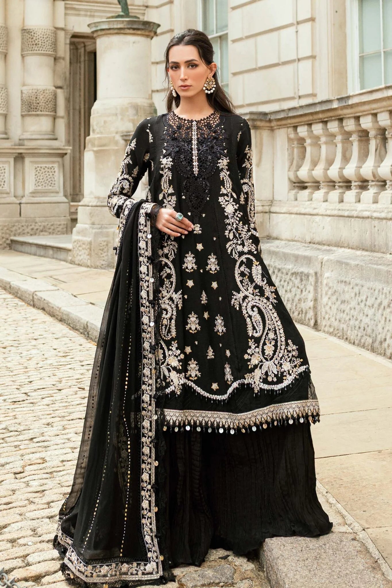 Maria B | 3 Piece Unstitched Embroidered Raw Silk | WF-09-03-Black