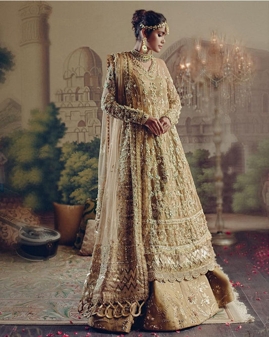 Elan | 3 Piece Unstitched Embroidered Gold Dress | Shikargah