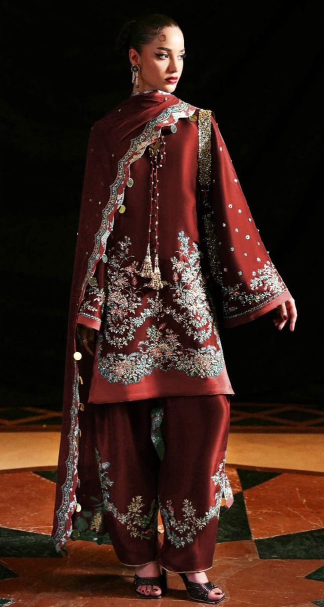 Hussain Rehar | 3 Piece Unstitched Embroidered Grip Silk | Verta - Mahroon