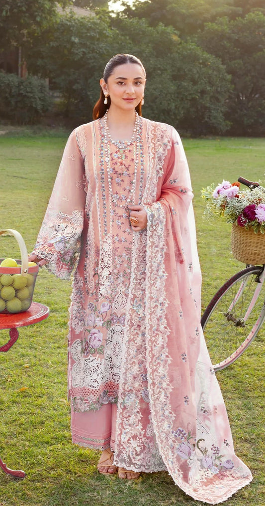 Elaf | 3 Piece Unstitched Embroidered Lawn | ELY-07 Morning Drizzle - Pink