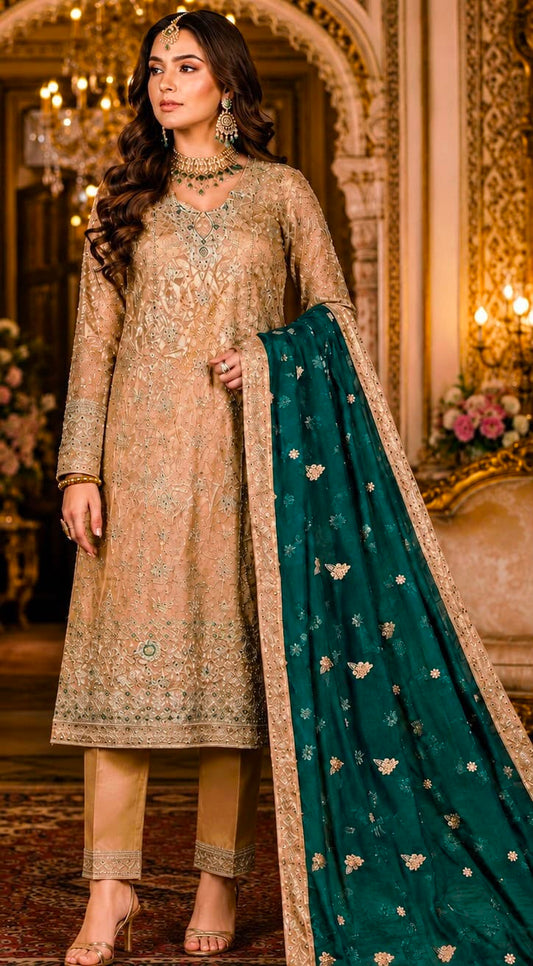 Maria B. | 3 Piece Unstitched Embroidered Silk | champagne