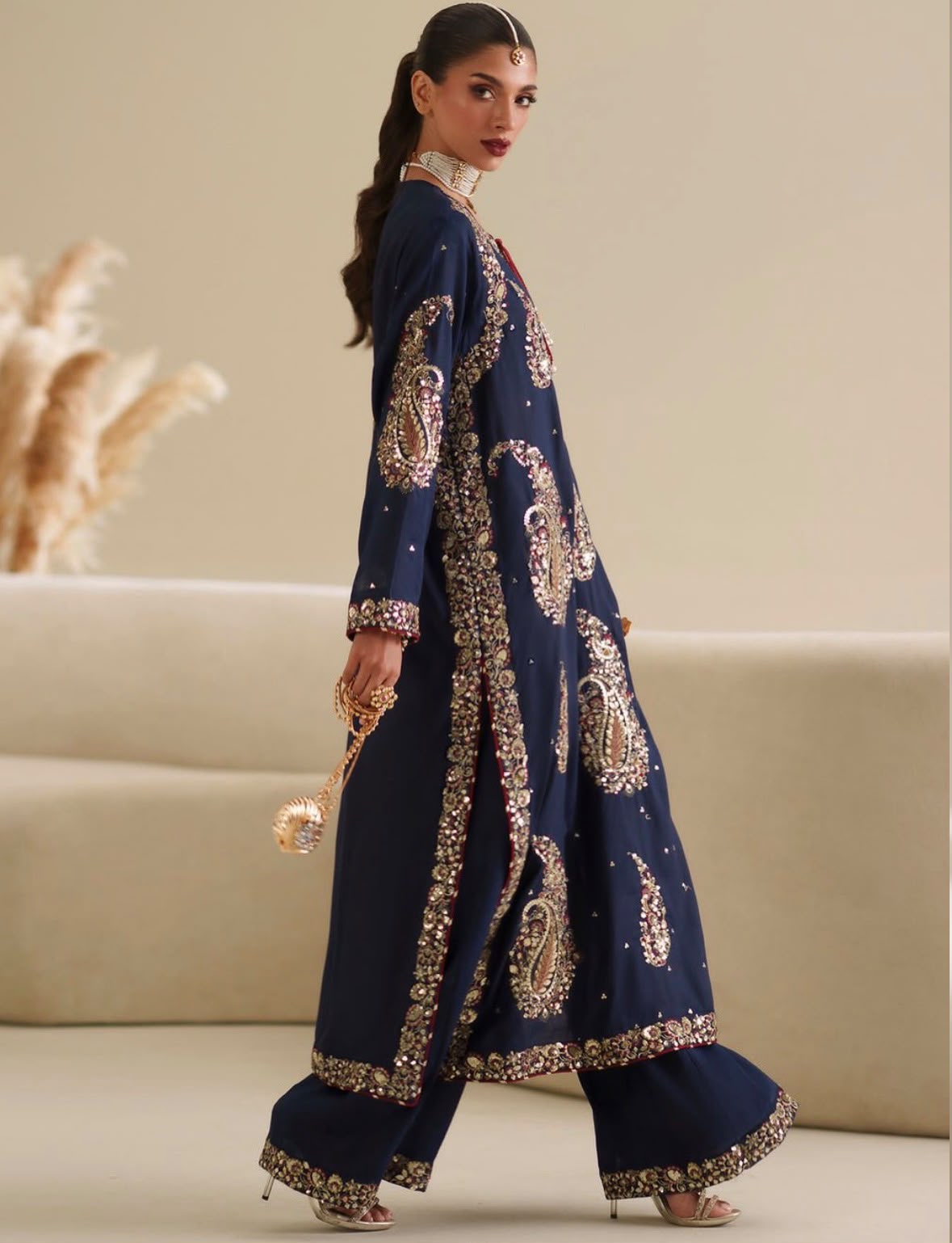 ETHNC | 3 Piece Unstitched Embroidered Tussle Silk | Navy Blue