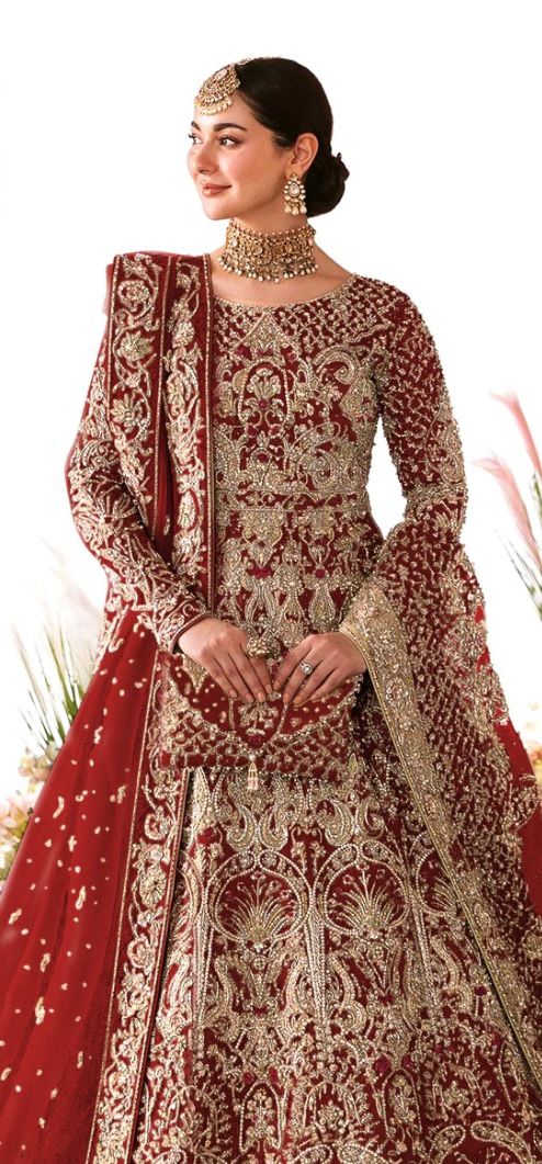 Kanwal Malik | 3 Piece Unstitched Embroidered Lehenga | Minha - Red