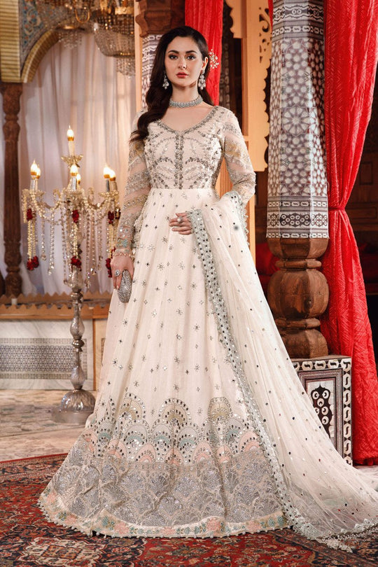 Maria B. | Unstitched MBROIDERED Raw Silk - Pearl White and Peachy Silver | BD-2502