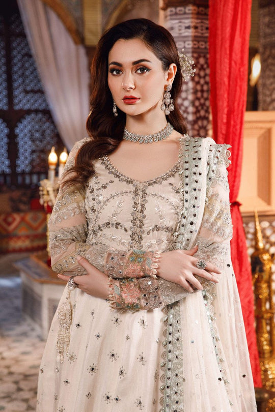 Maria B. | Unstitched MBROIDERED Raw Silk - Pearl White and Peachy Silver | BD-2502