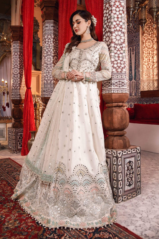 Maria B. | Unstitched MBROIDERED Raw Silk - Pearl White and Peachy Silver | BD-2502