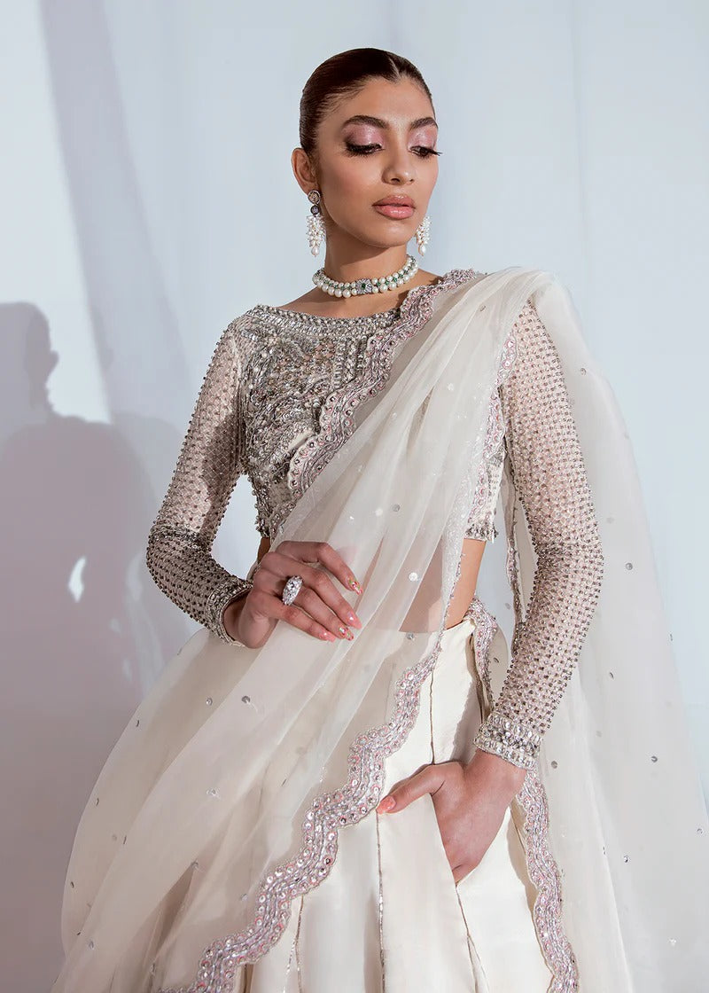 Hussain Rehar | 3 Piece Unstitched Organza Choli Lehnga | Dove