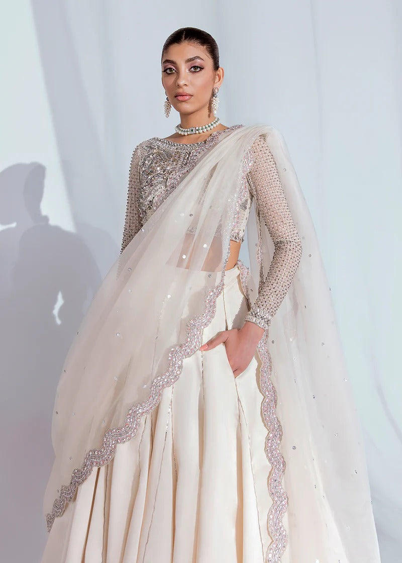 Hussain Rehar | 3 Piece Unstitched Organza Choli Lehnga | Dove