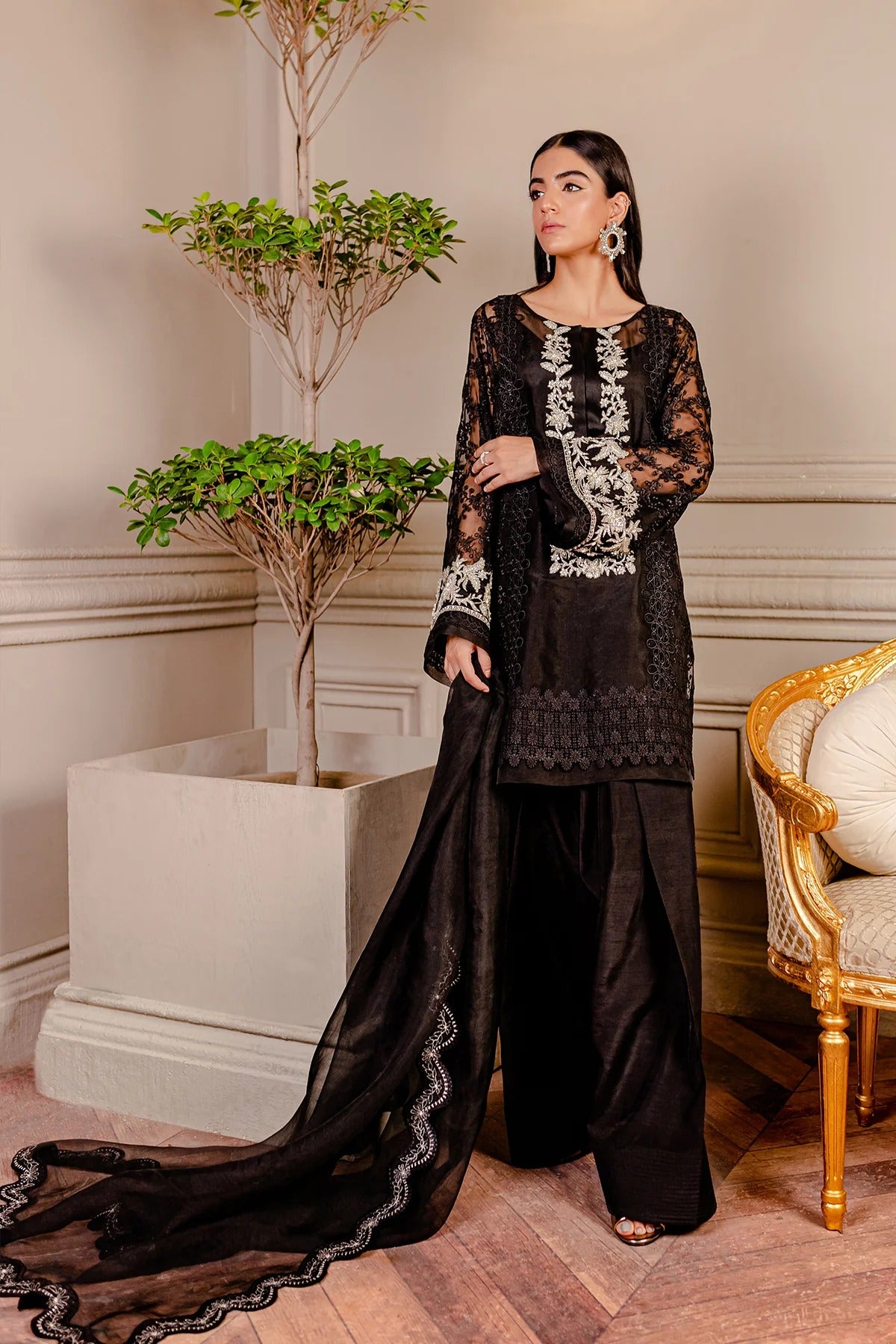 Fozia Khalid | 4 Piece Unstitched Embroidered Organza | Raven Black