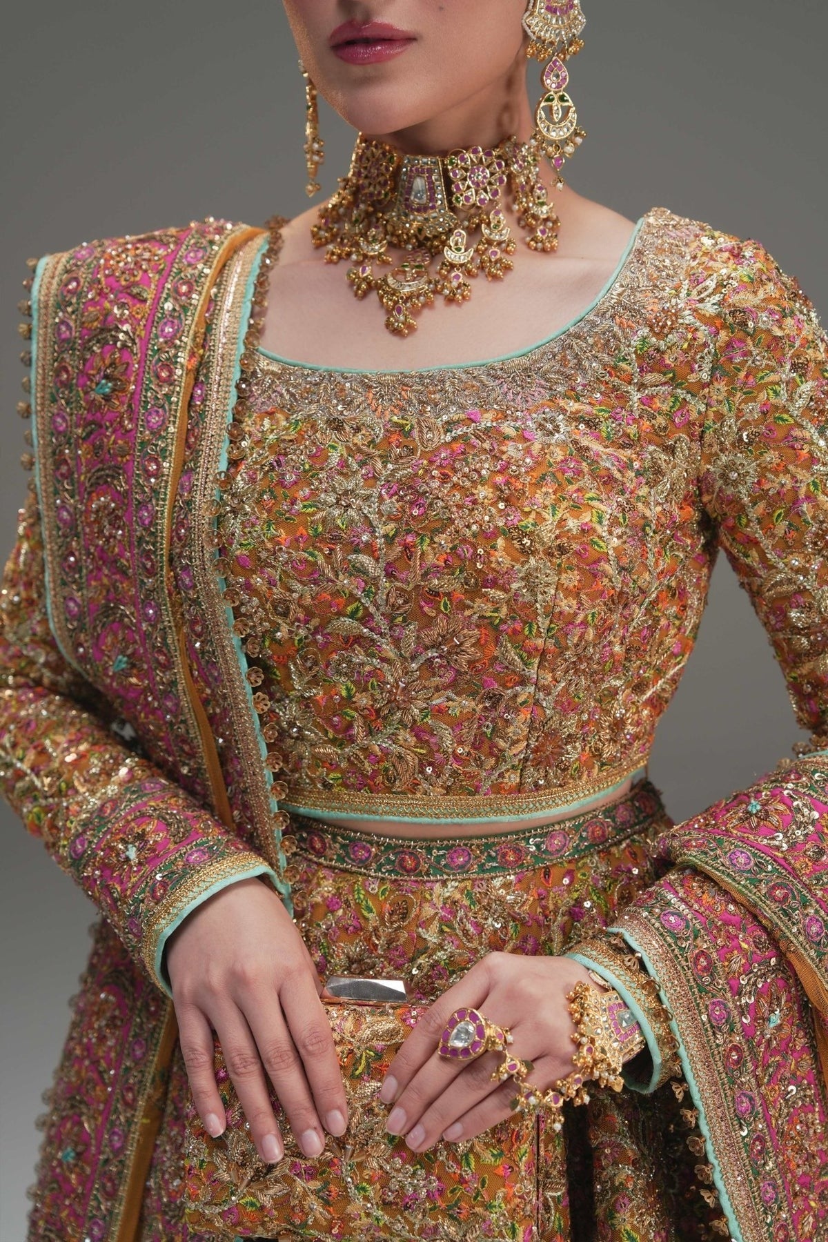 Fahad Hussayn | 3 Piece Unstitched Yellow Net Lehenga Choli | Naugul