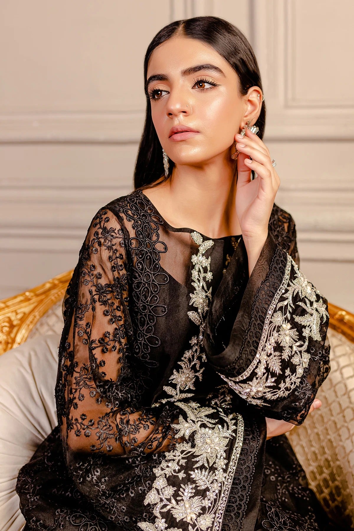 Fozia Khalid | 4 Piece Unstitched Embroidered Organza | Raven Black