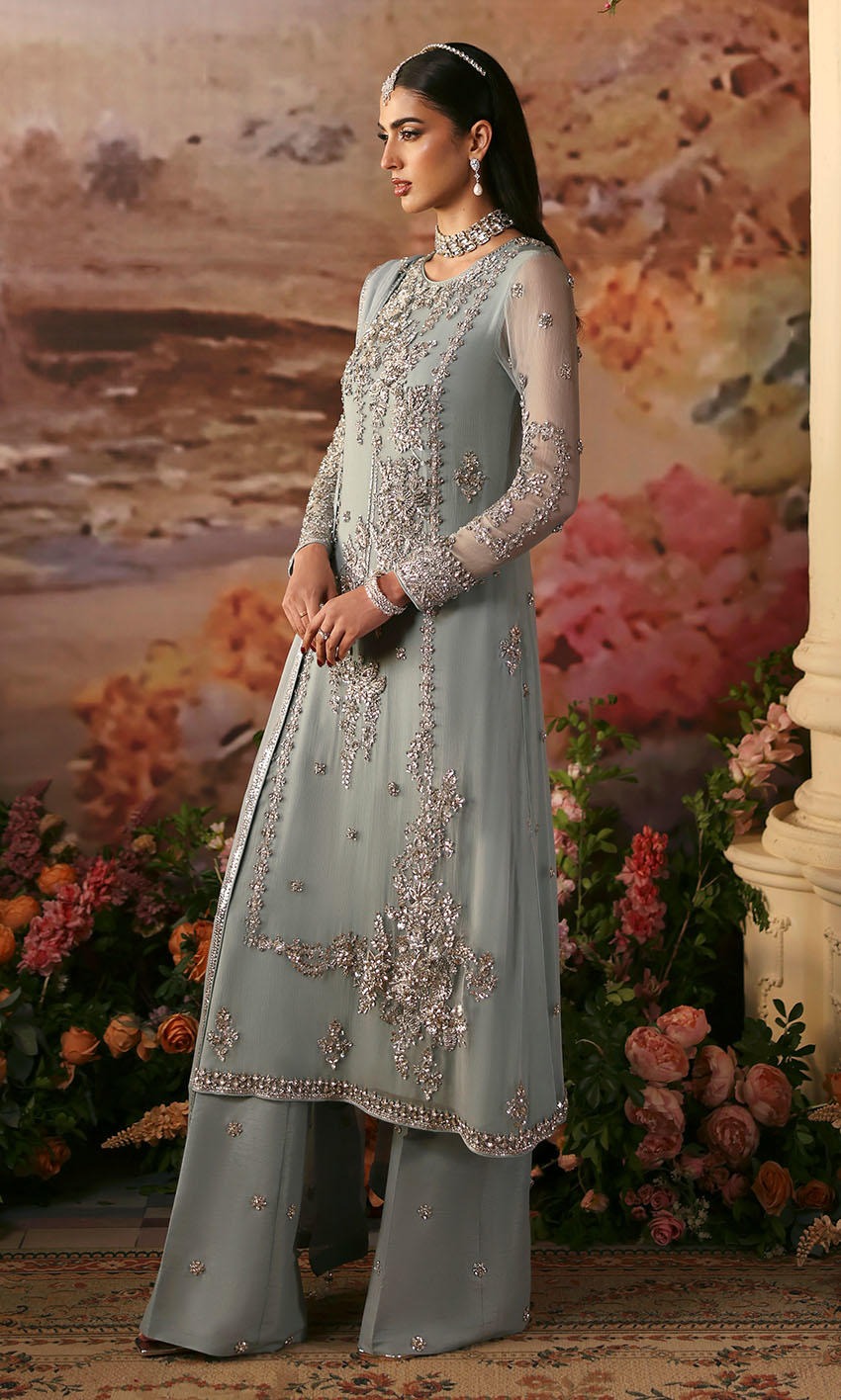 Nomi Ansari | 3 Piece Unstitched Embroidered Chiffon | Endless Sky