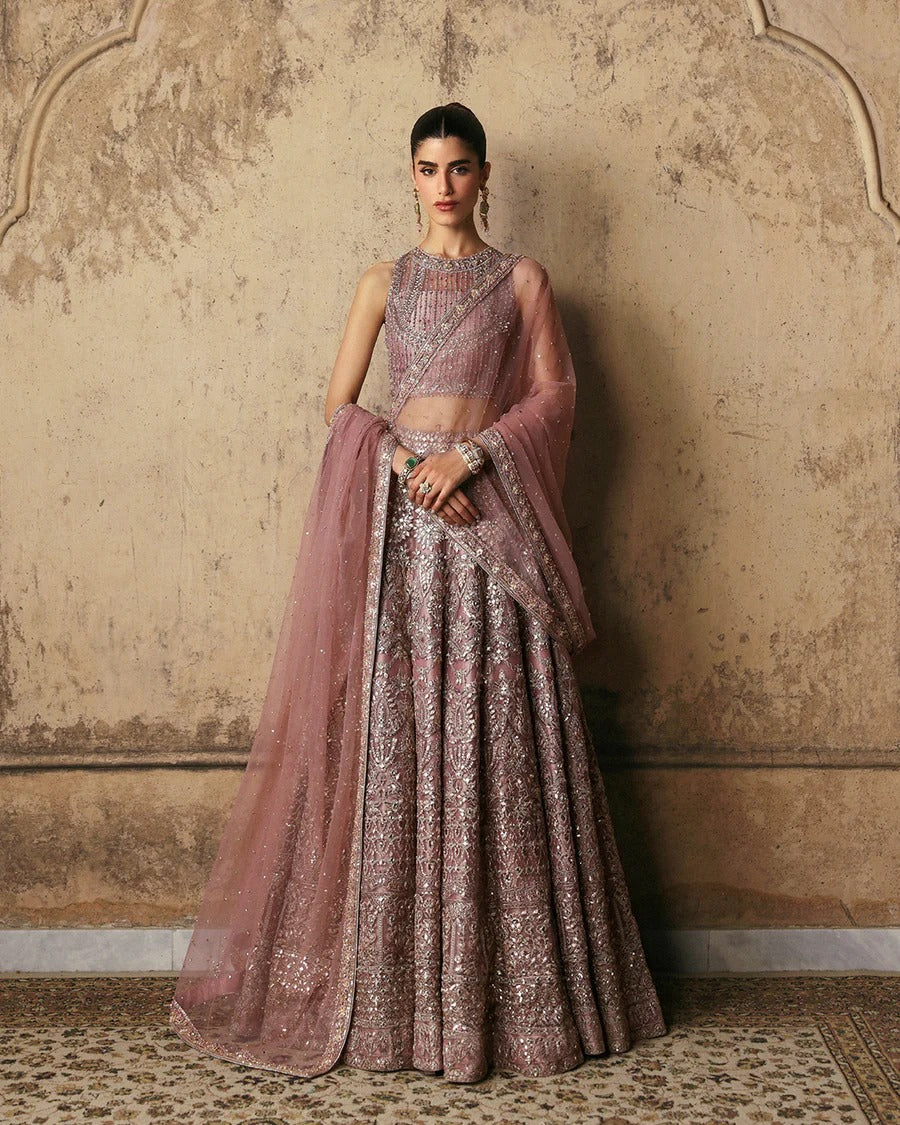 Faiza Saqlain | 3 Piece Unstitched Embroidered Net Lehenga | Prenia