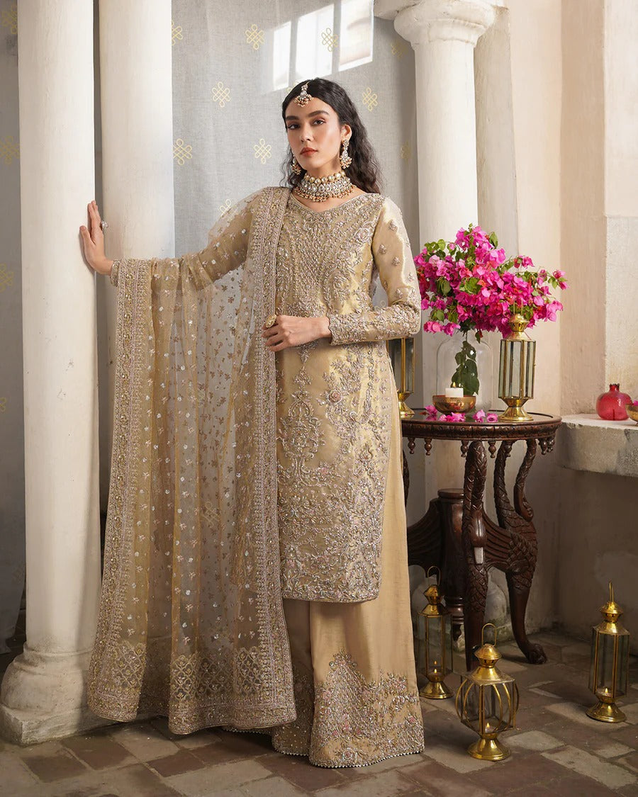 Faiza Saqlain | 3 Piece Unstitched Embellished Tissue Shirt with Raw Silk | Aurela