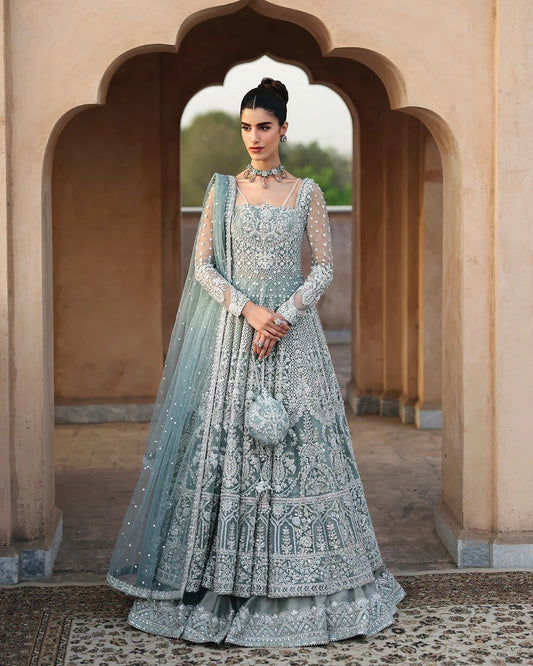 Faiza Saqlain | 3 Piece Unstitched Embroidered Net Lehenga | Dorien