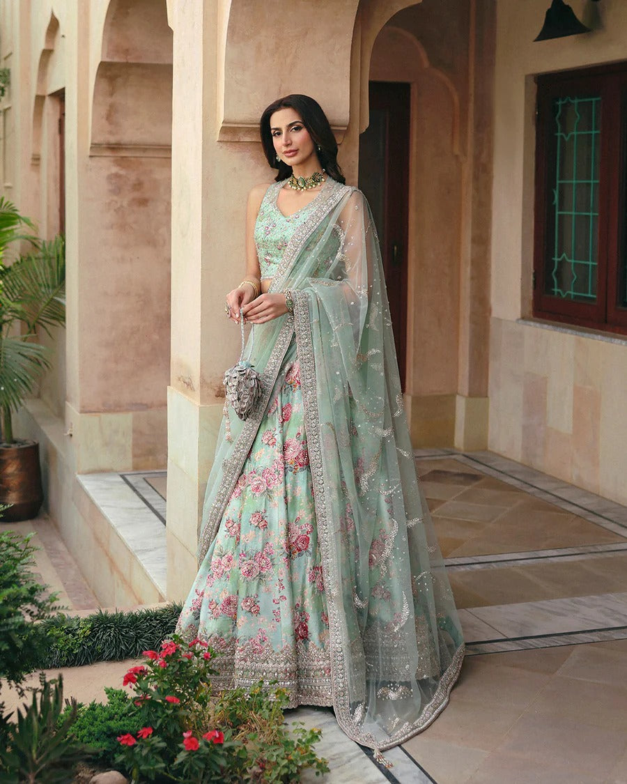 Faiza Saqlain | 3 Piece Unstitched Embroidered Embellished Silk Lehenga | Rosabelle