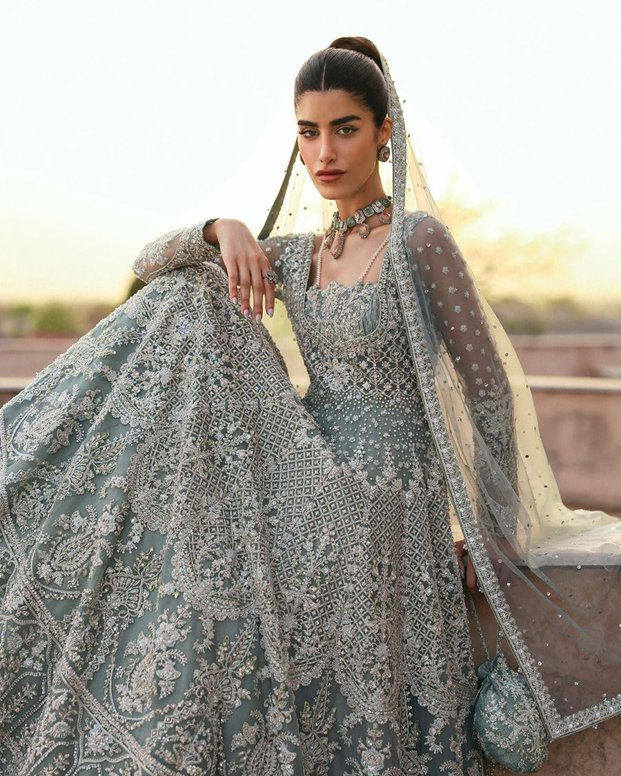 Faiza Saqlain | 3 Piece Unstitched Embroidered Net Lehenga | Dorien