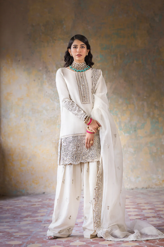 Erum Khan | 3 Piece Unstitched Embroidered Raw Silk | Hoorain