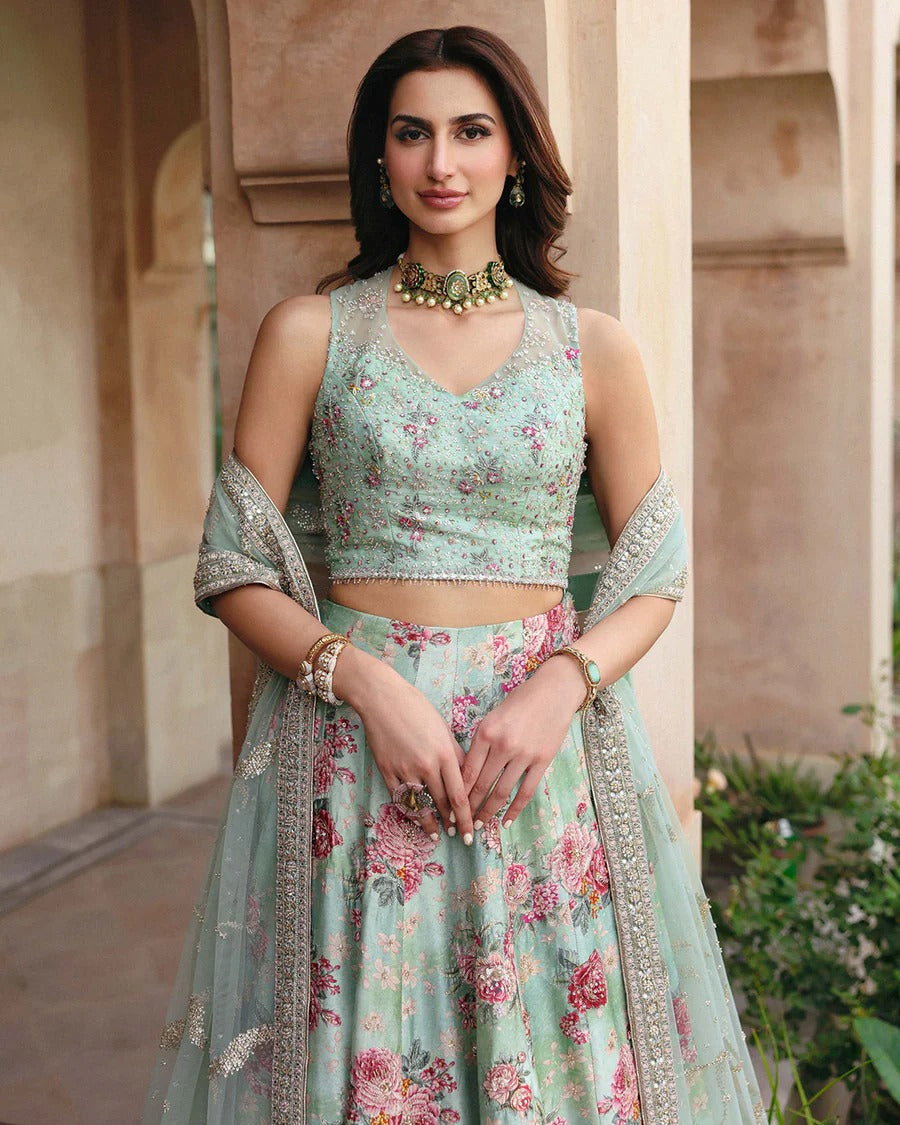 Faiza Saqlain | 3 Piece Unstitched Embroidered Embellished Silk Lehenga | Rosabelle