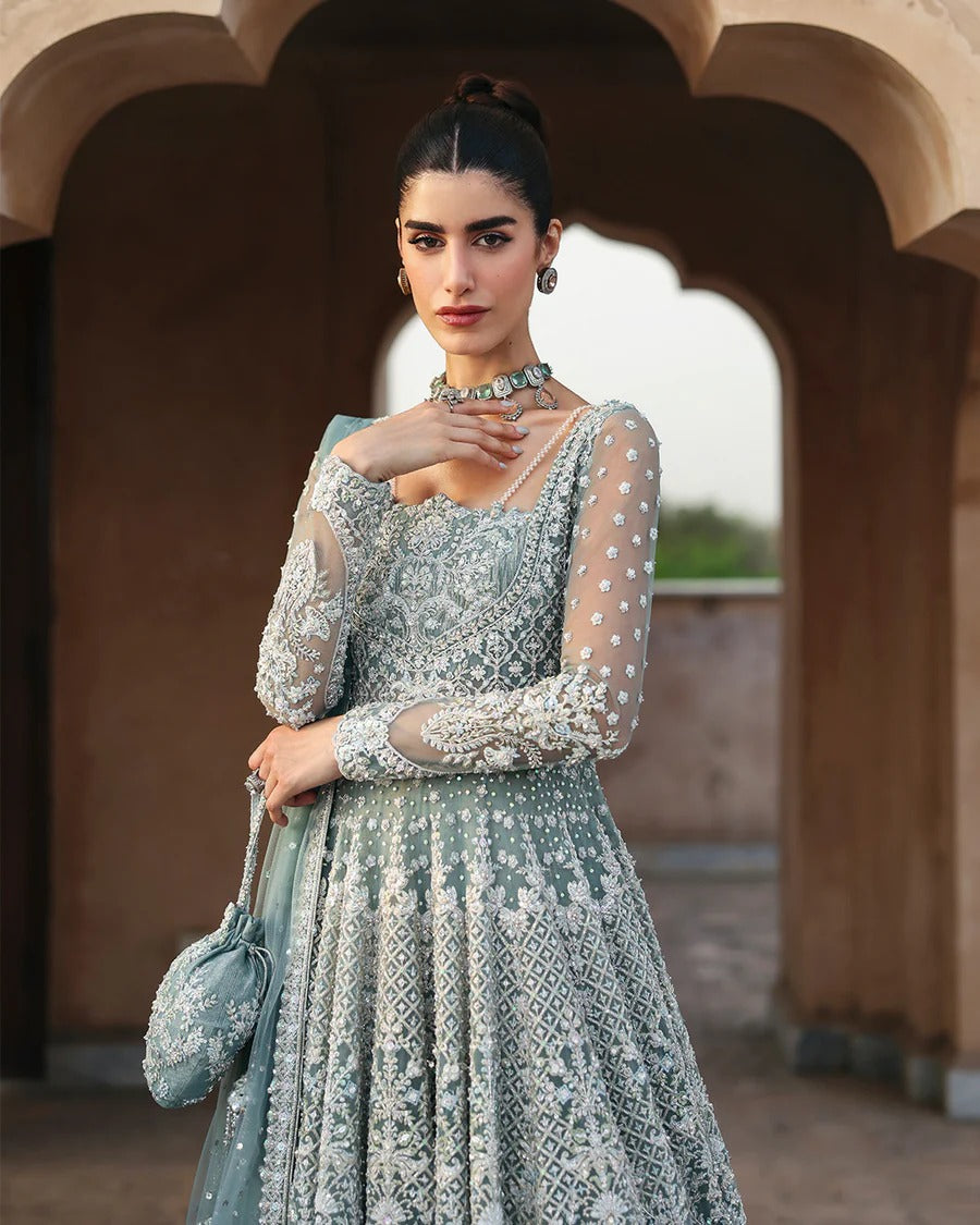 Faiza Saqlain | 3 Piece Unstitched Embroidered Net Lehenga | Dorien