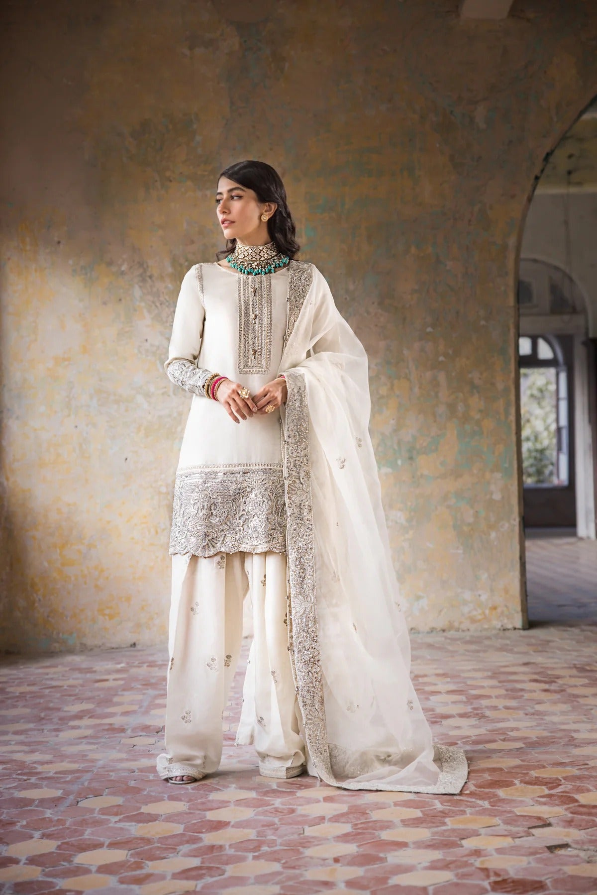 Erum Khan | 3 Piece Unstitched Embroidered Raw Silk | Hoorain