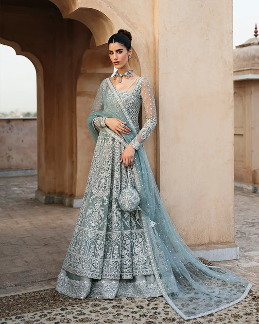 Faiza Saqlain | 3 Piece Unstitched Embroidered Net Lehenga | Dorien