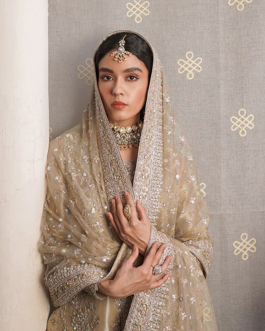 Faiza Saqlain | 3 Piece Unstitched Embellished Tissue Shirt with Raw Silk | Aurela