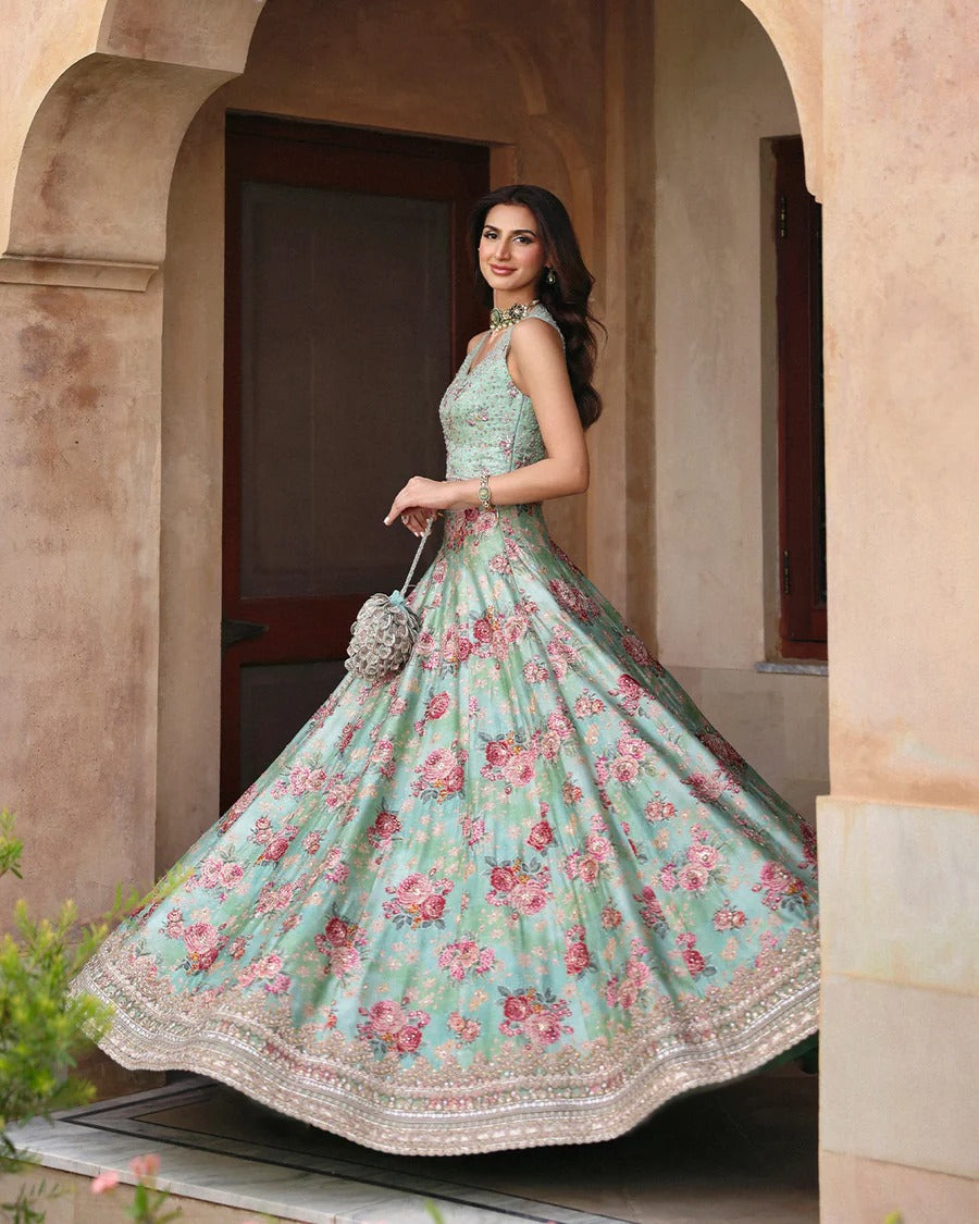 Faiza Saqlain | 3 Piece Unstitched Embroidered Embellished Silk Lehenga | Rosabelle