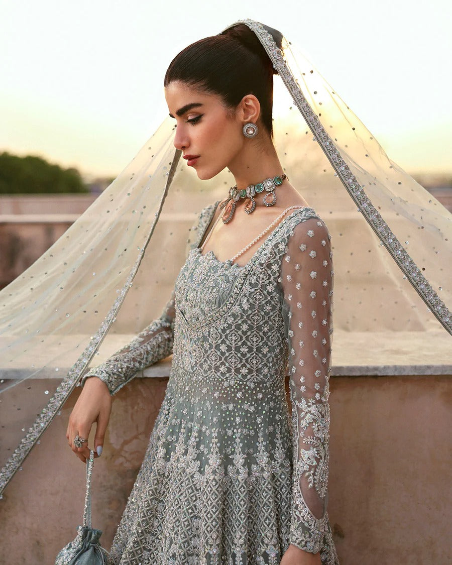 Faiza Saqlain | 3 Piece Unstitched Embroidered Net Lehenga | Dorien
