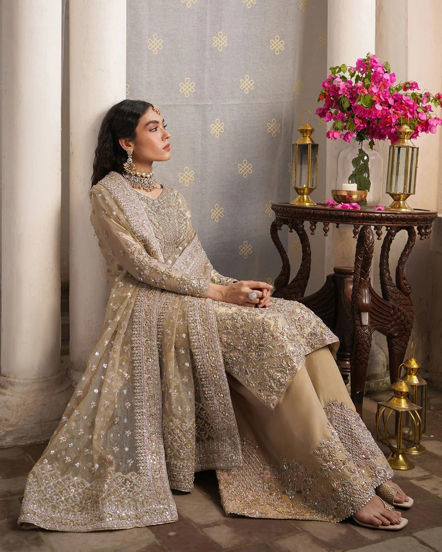 Faiza Saqlain | 3 Piece Unstitched Embellished Tissue Shirt with Raw Silk | Aurela