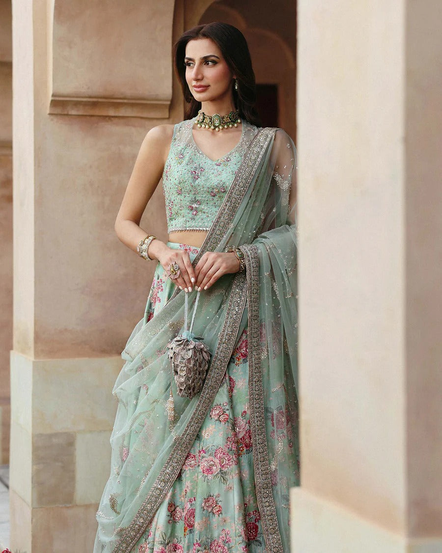 Faiza Saqlain | 3 Piece Unstitched Embroidered Embellished Silk Lehenga | Rosabelle