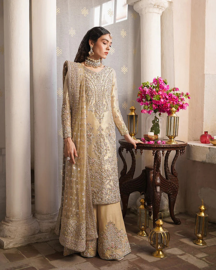Faiza Saqlain | 3 Piece Unstitched Embellished Tissue Shirt with Raw Silk | Aurela