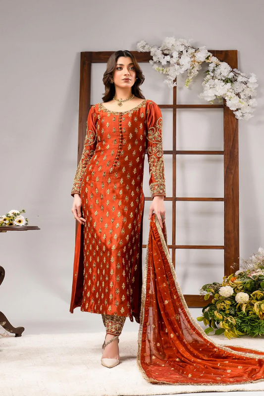 Ahmad Sultan | 3 Piece Embroidered Cotton Silk | Tangerine