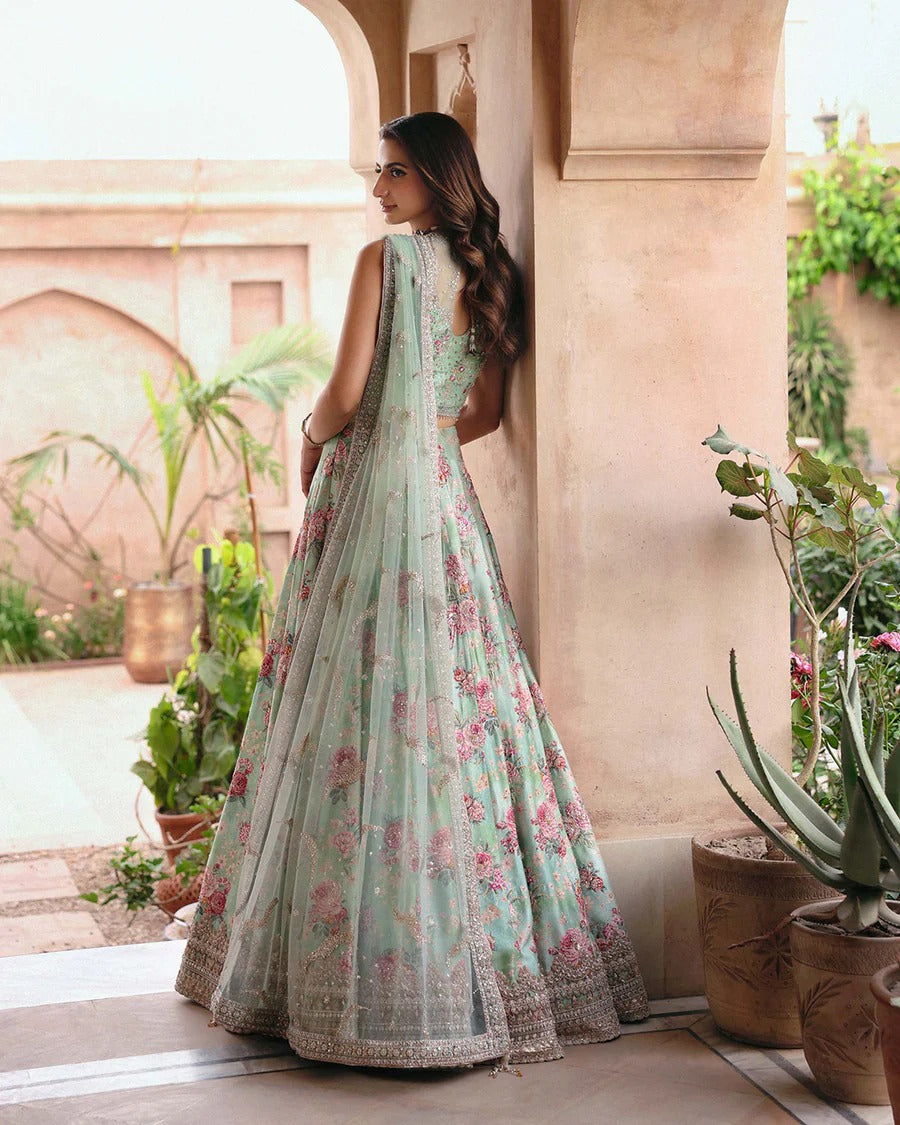 Faiza Saqlain | 3 Piece Unstitched Embroidered Embellished Silk Lehenga | Rosabelle