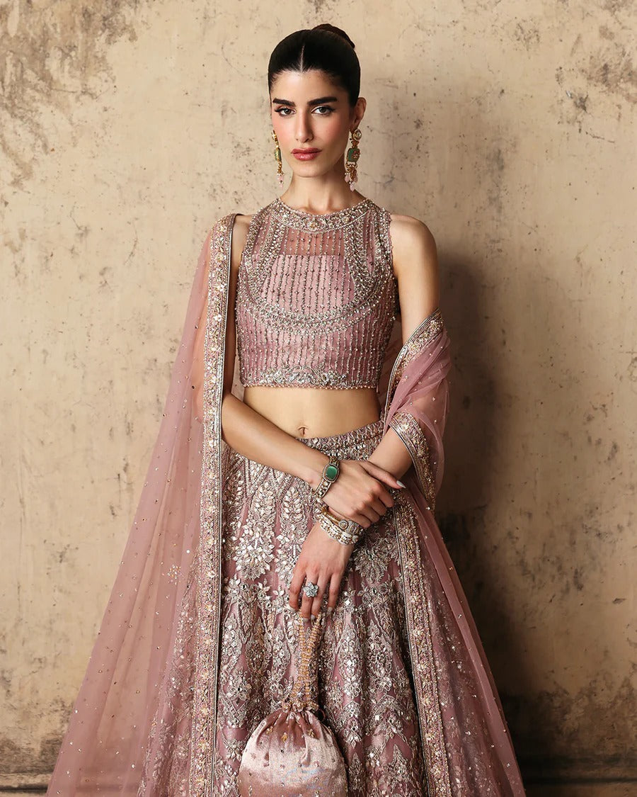 Faiza Saqlain | 3 Piece Unstitched Embroidered Net Lehenga | Prenia