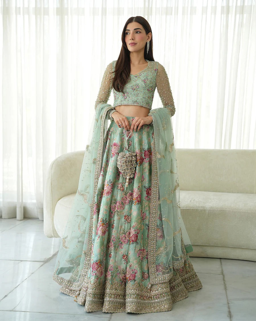 Faiza Saqlain | 3 Piece Unstitched Embroidered Embellished Silk Lehenga | Rosabelle
