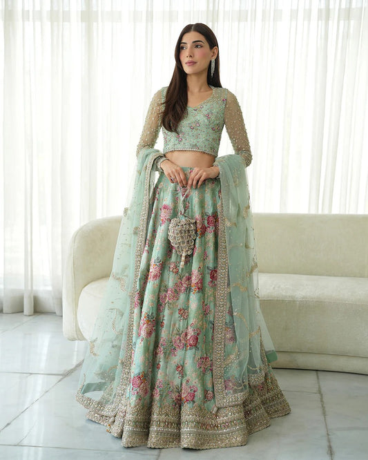 Faiza Saqlain | 3 Piece Unstitched Embroidered Embellished Silk Lehenga | Rosabelle